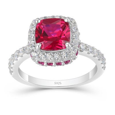 Cushion Cut Ruby 925 Sterling Silver Halo Engagement Ring