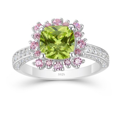 Cushion Cut Peridot Sterling Silver Flower Engagement Ring