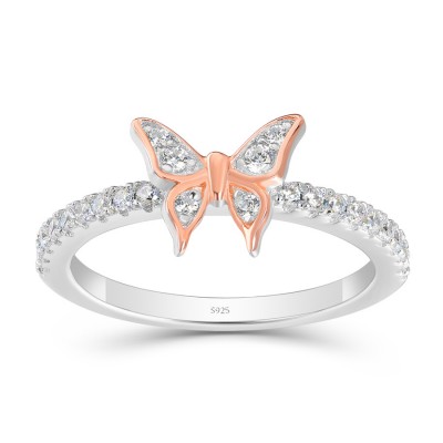 Round Cut White Sapphire 925 Sterling Silver Rose Gold Butterfly Ring 