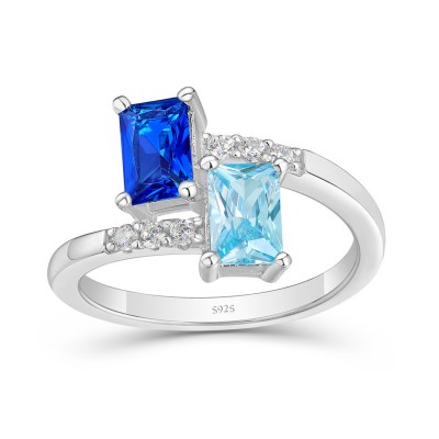 Radiant Cut Aquamarine and Blue Sapphire 925 Sterling Silver Toi et Moi Ring 