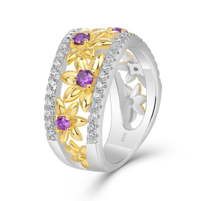 Round Cut Amethyst 925 Sterling Silver Gold Daisy Women's Band