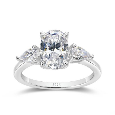 Oval Cut White Sapphire 925 Sterling Silver 3-Stone Engagement Ring