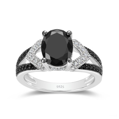 Oval Cut Black Sapphire 925 Sterling Silver Split Shank Engagement Ring