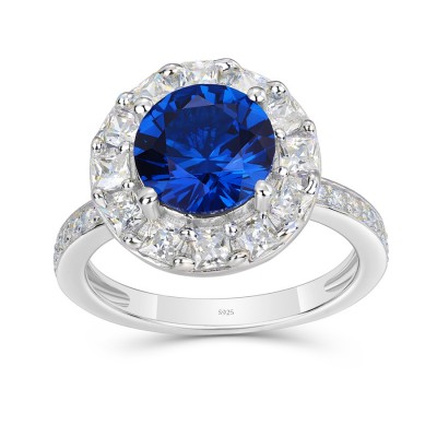 Round Cut Blue Sapphire 925 Sterling Silver Halo Engagement Ring