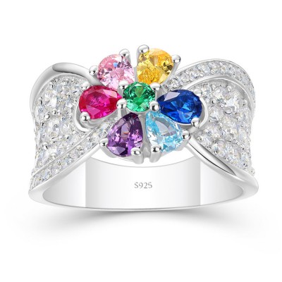 Pear Cut 925 Sterling Silver Multi-Color Flower Cocktail Ring