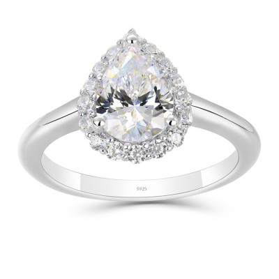 Pear Cut White Sapphire 925 Sterling Silver Halo Engagement Ring
