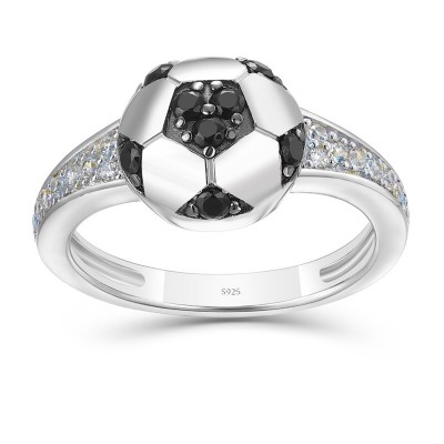“World Cup” Round Cut Black Sapphire 925 Sterling Silver Soccer Ball Ring