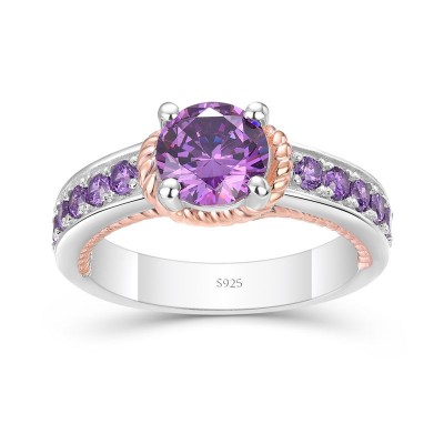 Round Cut Amethyst 925 Sterling Silver Two-Tone Engagement Ring