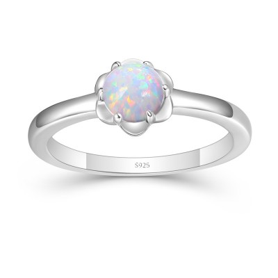 Simple Round Cut Opal 925 Sterling Silver Engagement Ring