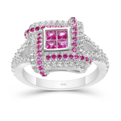 Princess Cut Pink Sapphire 925 Sterling Silver Halo Engagement Ring