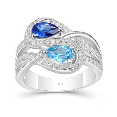 Pear Cut Aquamarine and Blue Sapphire 925 Sterling Silver Toi et Moi Ring