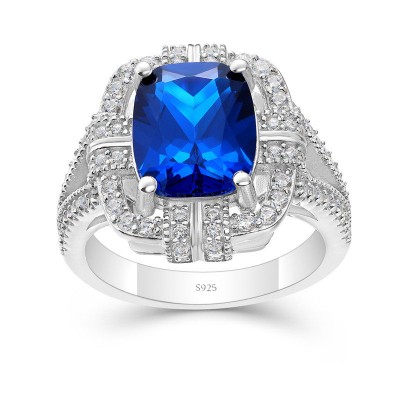 Cushion Cut Blue Sapphire 925 Sterling Silver Halo Engagement Ring