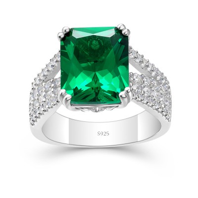 Radiant Cut Emerald 925 Sterling Silver Engagement Ring