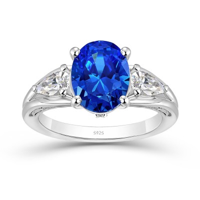 Oval Cut Blue Sapphire 925 Sterling Silver 3-Stone Engagement Ring