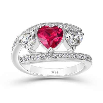 Heart Cut Ruby 925 Sterling Silver 3-Stone Engagement Ring