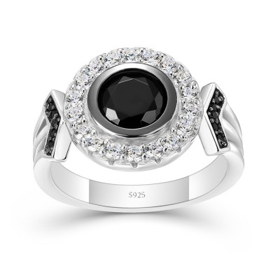 Round Cut Black Sapphire 925 Sterling Silver Halo Engagement Ring