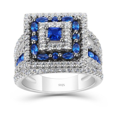 Princess Cut Blue Sapphire 925 Sterling Silver Double Halo Engagement Ring