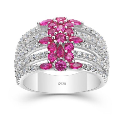 Round Cut Ruby 925 Sterling Silver Cluster Cocktail Ring