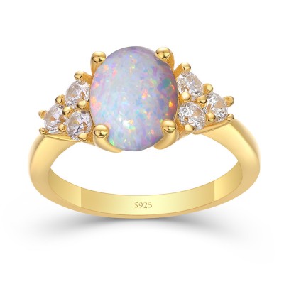 Yellow Gold Oval Cut Opal 925 Sterling Silver Engagement Ring