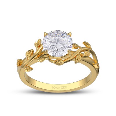 Yellow Gold Round Cut White Sapphire 925 Sterling Silver Leaves Engagement Ring