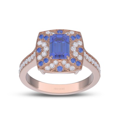 Rose Gold Vintage Emerald Cut Blue Sapphire 925 Sterling Silver Engagement Ring