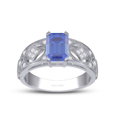 Art Deco Emerald Cut Blue Sapphire 925 Sterling Silver Engagement Ring