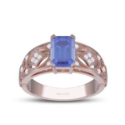 Rose Gold Art Deco Emerald Cut Blue Sapphire 925 Sterling Silver Engagement Ring
