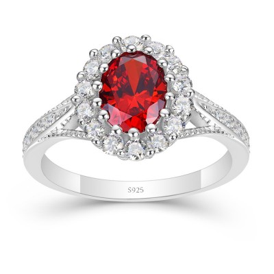 Oval Cut Ruby 925 Sterling Silver Halo Engagement Ring