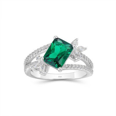 Emerald Cut Emerald 925 Sterling Silver Engagement Ring