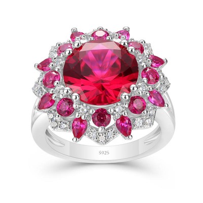 Round Cut Ruby 925 Sterling Silver Flower Cocktail Ring