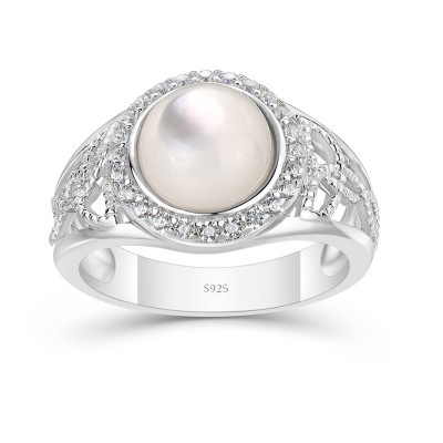 Round Mother of Pearl 925 Sterling Silver Halo Engagement Ring