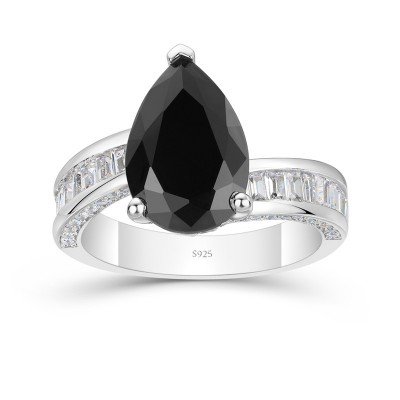 Pear Cut Black Sapphire 925 Sterling Silver Engagement Ring