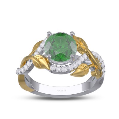 Round Cut Emerald 925 Sterling Silver Two Tone Leaf Engagement Ring