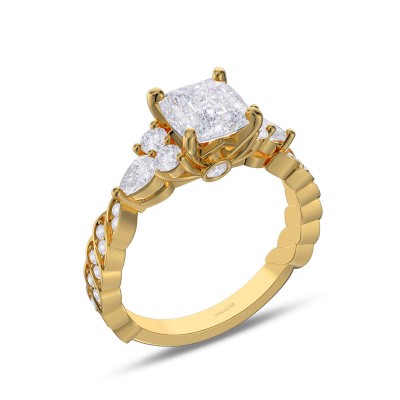 Yellow Gold Cushion Cut White Sapphire 925 Sterling Silver Three Stone Engagement Ring