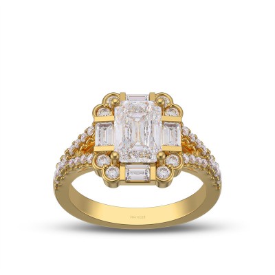 Yellow Gold Emerald Cut White Sapphire 925 Sterling Silver Halo Engagement Ring
