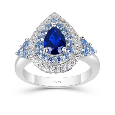 Pear Cut Blue Sapphire 925 Sterling Silver Double Halo Engagement Ring
