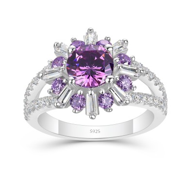 Round Cut Amethyst 925 Sterling Silver Flower Halo Engagement Ring