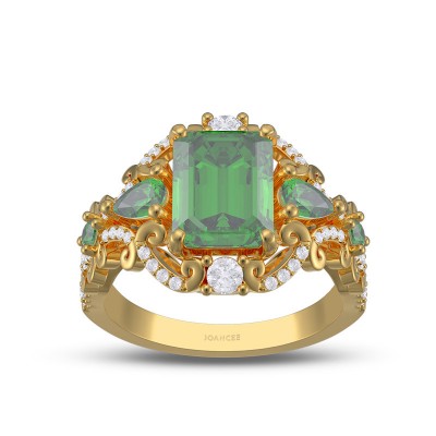 Yellow Gold Vintage Emerald Cut Emerald 925 Sterling Silver Engagement Ring
