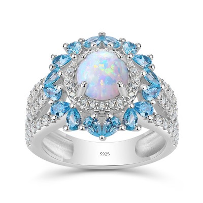 Round Cut Opal 925 Sterling Silver Halo Engagement Ring
