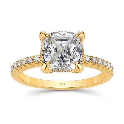 Yellow Gold Cushion Cut White Sapphire 925 Sterling Silver Engagement Ring