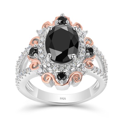 Vintage Oval Cut Black Sapphire 925 Sterling Silver Two Tone Engagement Ring
