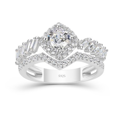 Cushion Cut White Sapphire 925 Sterling Silver Double Layer Halo Engagement Ring