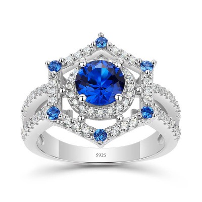 Art Deco Round Cut Blue Sapphire 925 Sterling Silver Halo Engagement Ring