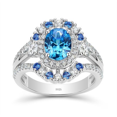 Oval Cut Aquamarine 925 Sterling Silver Halo Engagement Ring