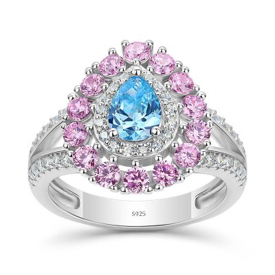 Pear Cut Aquamarine 925 Sterling Silver Pink Double Halo Engagement Ring
