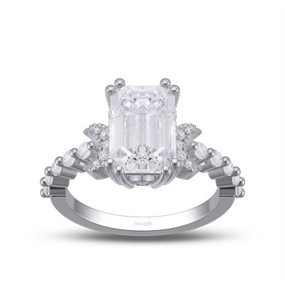 Emerald Cut White Sapphire 925 Sterling Silver Moon Side Stones Engagement Ring