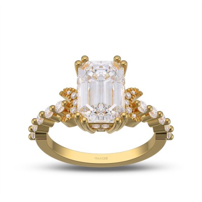 Yellow Gold Emerald Cut White Sapphire 925 Sterling Silver Moon Side Stones Engagement Ring
