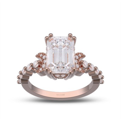 Rose Gold Emerald Cut White Sapphire 925 Sterling Silver Moon Side Stones Engagement Ring
