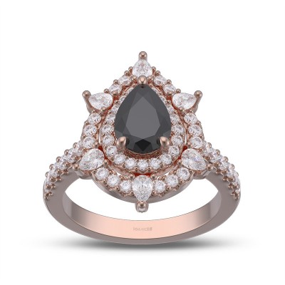 Rose Gold Pear Cut Black Sapphire 925 Sterling Silver Double Halo Engagement Ring