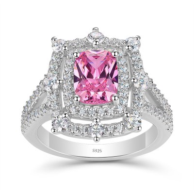 Cushion Cut Pink Sapphire 925 Sterling Silver Double Halo Engagement Ring